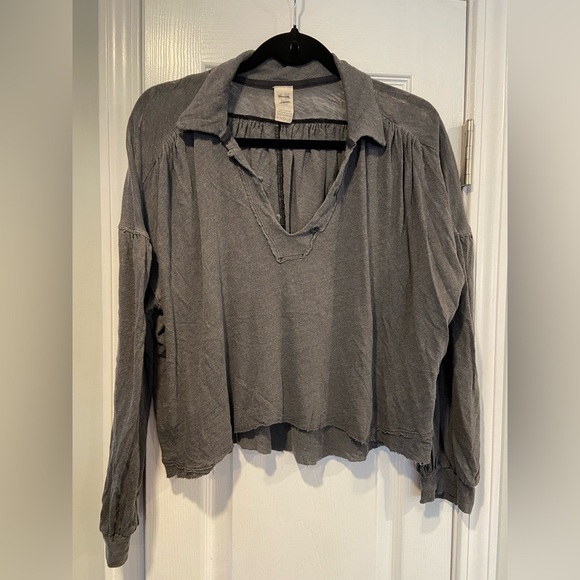 NWOT Free People Size S Gray Rush Hour Peasant Top Raw Hem Linen Long Sleeve - Picture 1 of 12